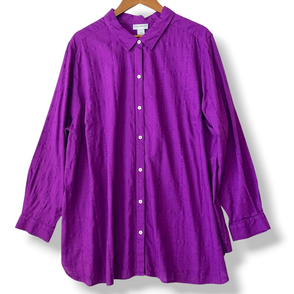 Catherines NWT 2X Purple Textured Button Up Shirt Blouse 100% Cotton Stripes